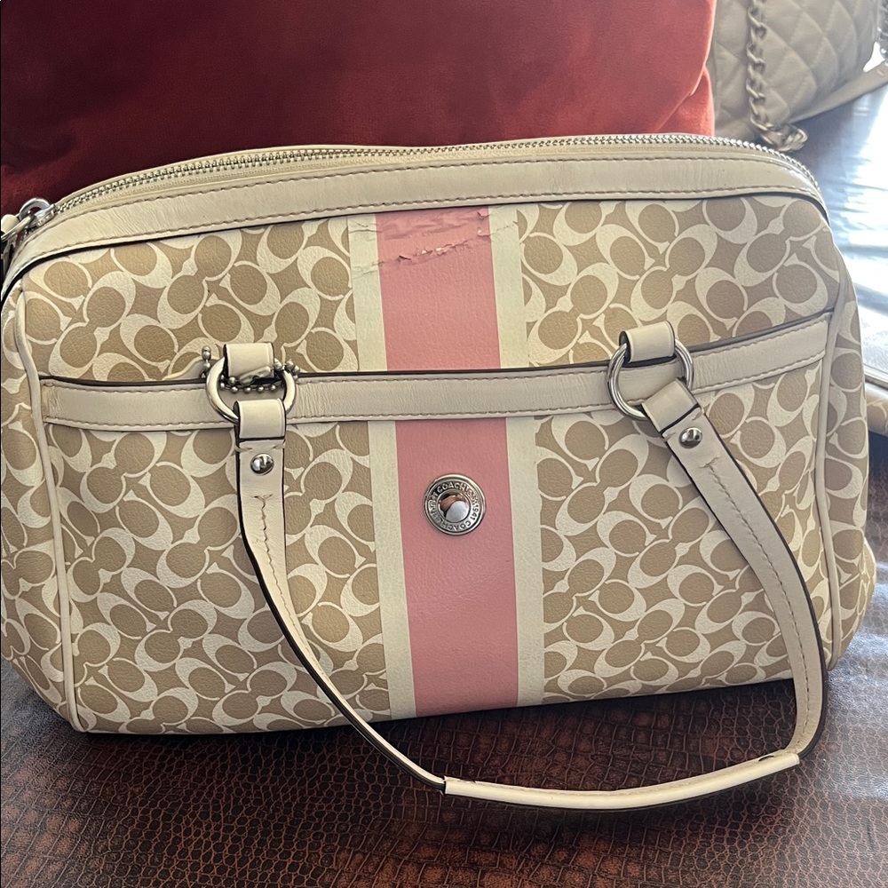 Coach Beige Signature Canvas Shoulder Bag with Pink Stripe